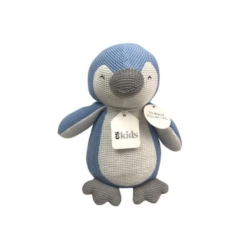 Knitted Musical Penguin Blue 22cm