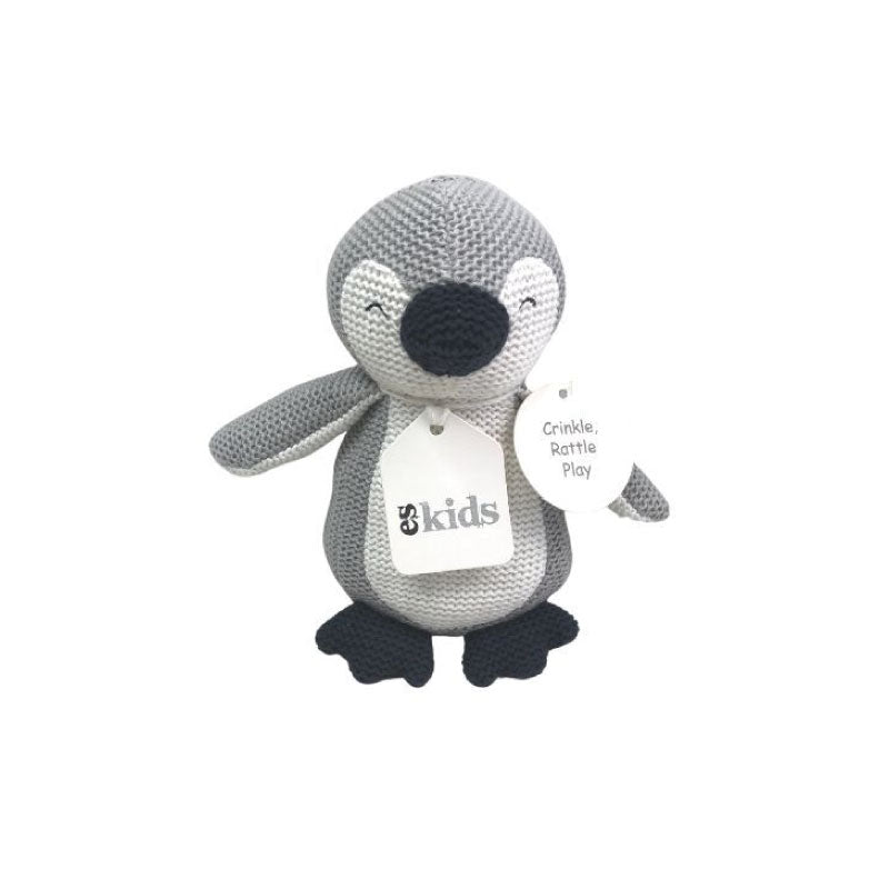 Knitted Penguin Rattle Crinkler Grey 16cm