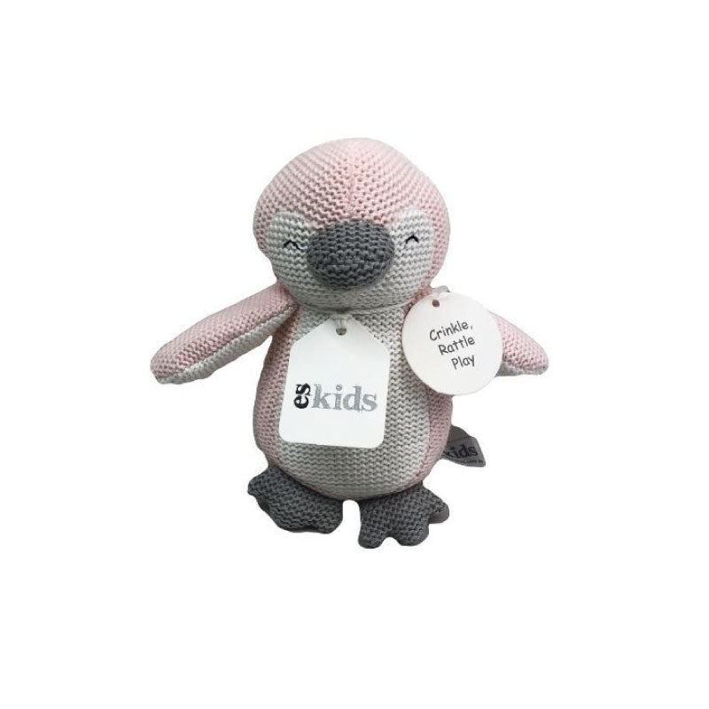 Knitted Penguin Rattle Crinkler Pink 16cm